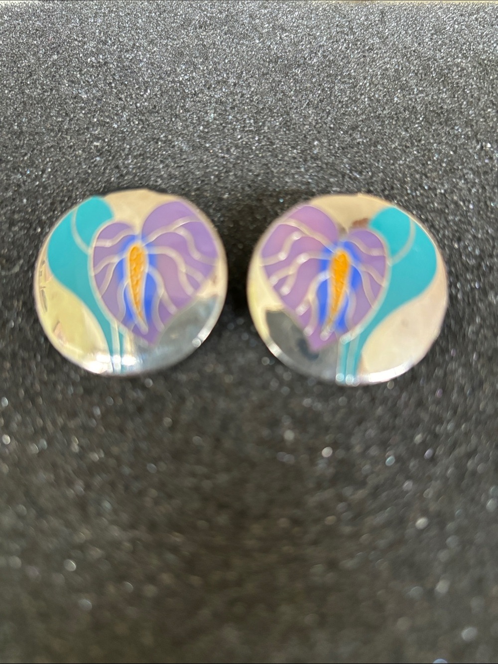 Laurel Burch Antherium Silver Tone Floral Cloisonné Stud Earrings